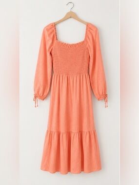 LC Lauren Conrad Coral/Peach Smocked Midi Dress with Puff Sleeves - Size Small